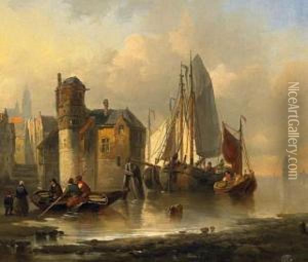 In A Flemish Harbour Oil Painting - Charles Hoguet
