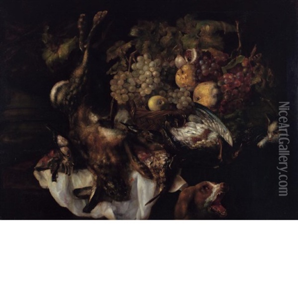 Still Life Of Fruit And Felled Game With A Dog And Cat Oil Painting - Jan Fyt