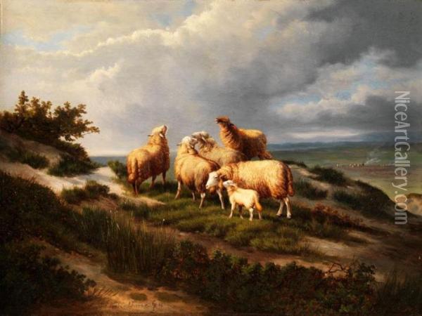 Schafgruppe Mit Jungem Schaflein Inabendsonne An Einem Heidehang Oil Painting - Eugene Joseph Verboeckhoven