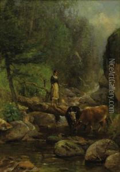 Crossing The Creek Oil Painting - Samuel Lancaster Gerry