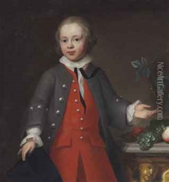 Portrait Of A Boy, Three-quarter Length, In A Red Suit Oil Painting - John Theodore Heins Sr.