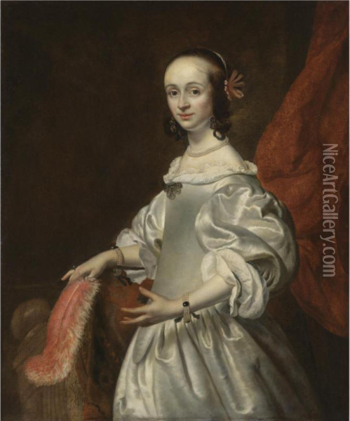 Portrait Of A Young Lady, Half Length, Wearing A White Satin Dress And Holding A Feather Oil Painting - Isaac Luttichuys