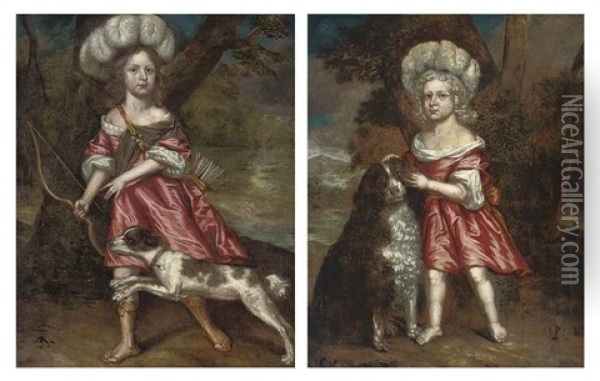 Portrait Of A Young Girl As Diana With A Dog In A Landscape, A River Beyond (+ Portrait Of A Young Girl In A Red And White Dress With A Dog; Pair) Oil Painting - Charles d' Agar