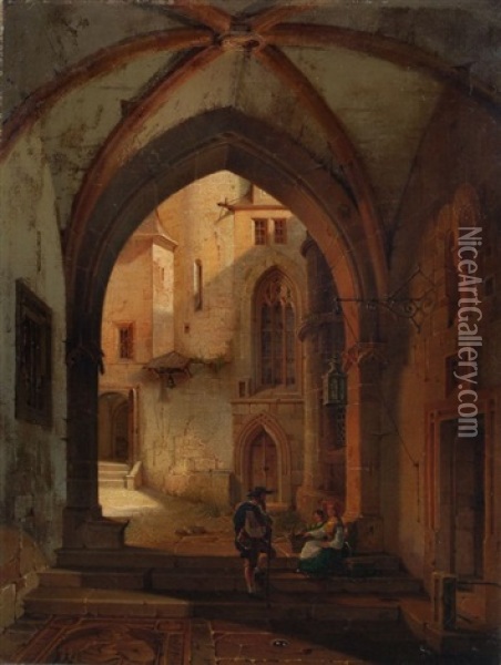 Blick In Einen Gotischen Innenhof Oil Painting - Gustav Adolphe Hahn
