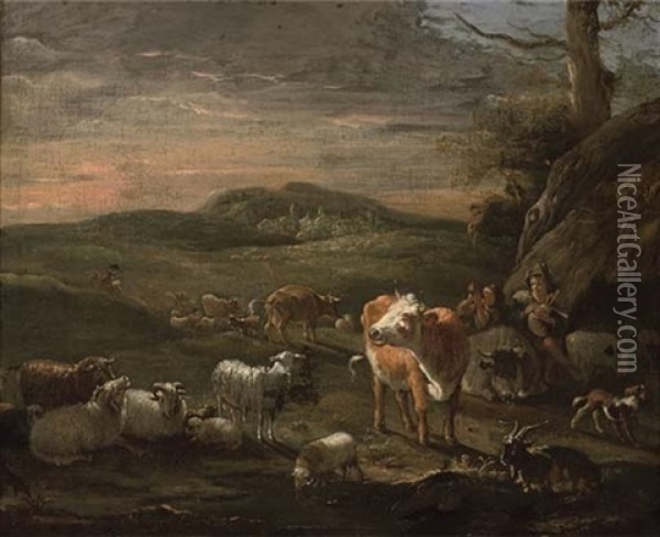 A Shepherd Piping With Other Shepherds Amongst Their Flocks Oil Painting - Michiel Carree