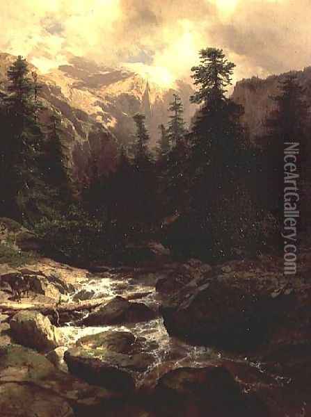 Souvenir of Rosenlaui, Switzerland, 1860 Oil Painting - Alexandre Calame
