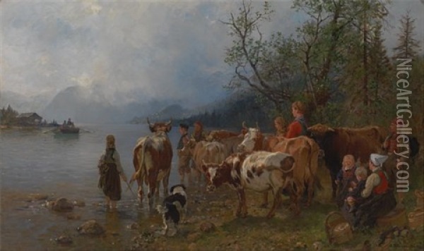 Fergested Ved En Innsjo Oil Painting - Anders Monsen Askevold