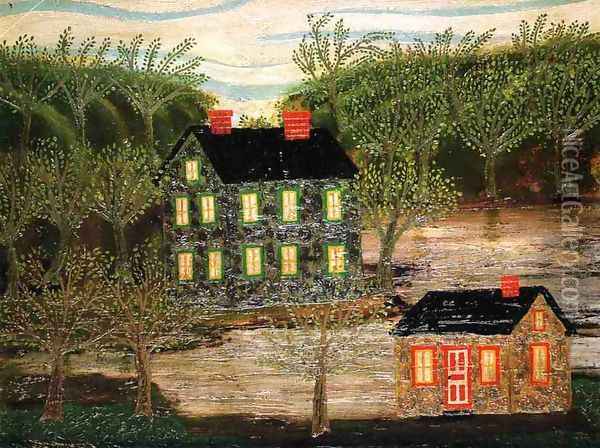 Houses by a Stream, Lambertville Oil Painting - Joseph Pickett