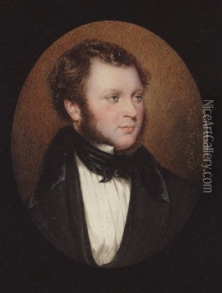 A Gentleman With Side Whiskers, Wearing Black Coat With Velvet Collar, White Chemise With Pleated Front And Tied Black Cravat Oil Painting - Henry Collen