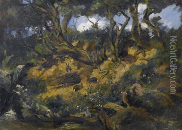 Forest Embankment With Rabbits Oil Painting - Frank Buchser