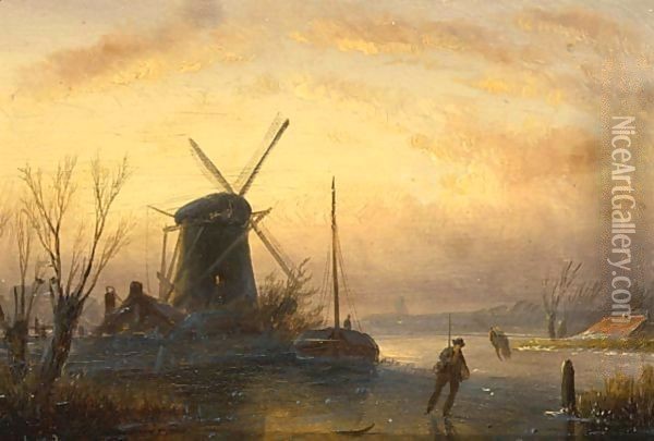 A Winter Landscape With Skaters Near A Windmill Oil Painting - Jan Jacob Coenraad Spohler