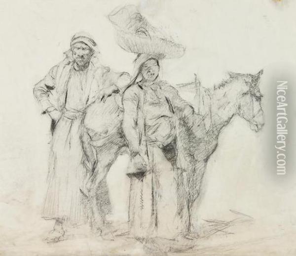 Arab Man And Woman With Donkey Oil Painting - Ernest Borough Johnson
