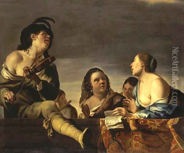 Merry Company with a Violinist Oil Painting - Jan Gerritsz van Bronchorst