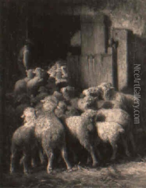 Moutons Rentrant Dans La Bergerie Oil Painting - Charles H. Clair