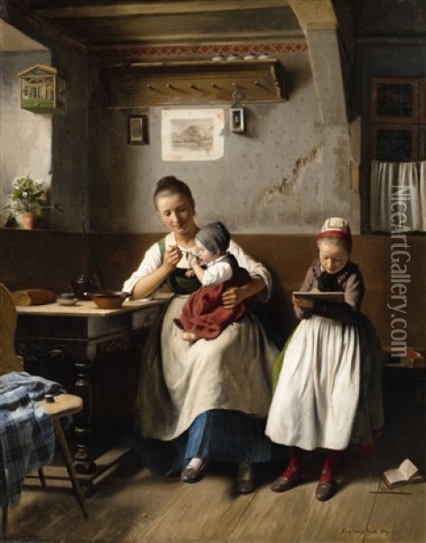 The Caring Mother Oil Painting - Franz Meyerheim