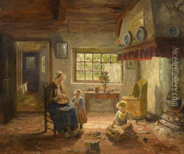 An Interior Setting Of Mother With Two Children Oil Painting - Evert Pieters