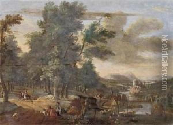 A River Landscape With Huntsmenin The Woods And A Village With Boats Loading Oil Painting - Jacob Van Der Does I