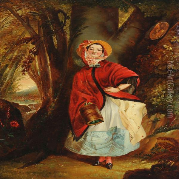 A Young Woman With A Red Shawl In The Woods Oil Painting - William Powell Frith