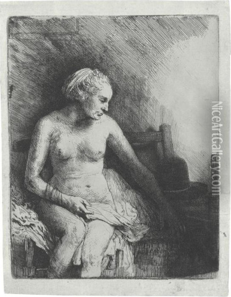 Woman At The Bath With A Hat Beside Her Oil Painting - Rembrandt Van Rijn