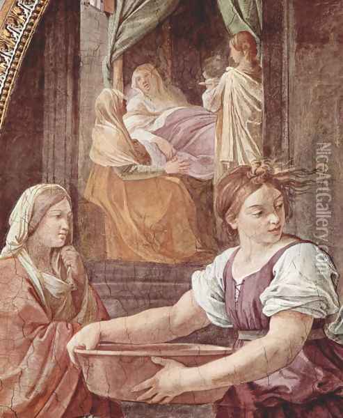 Frescoes in the Palazzo Quirinale, Cappella dell'Annunciata, entrance wall, scene, Maria birth, Detail 1 Oil Painting - Guido Reni