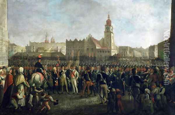 The Vows of Tadeusz Kosciuszko 1746-1817 in the Main Market Square in Cracow, 1821 Oil Painting - Michal Stachowicz