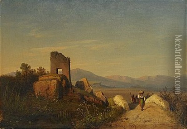 Sydlandskt Landskap Med Ruin Oil Painting - Joseph Magnus Stack
