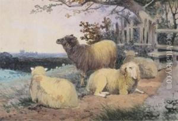 Sheep By A Stile, Windsor Castle Beyond Oil Painting - Frederick E. Valter