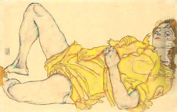 Liegende Frau In Gelbem Kleid (Reclining Woman In Yellow Dress) Oil Painting - Egon Schiele