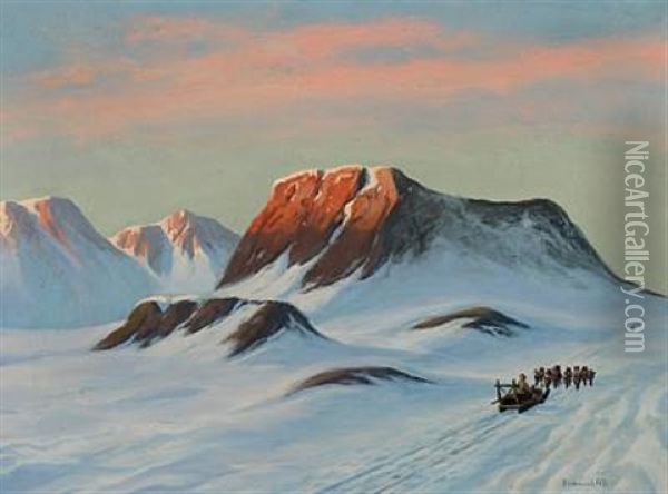 Greenlandic Landscape With Two Dogsleds Oil Painting - Emanuel A. Petersen