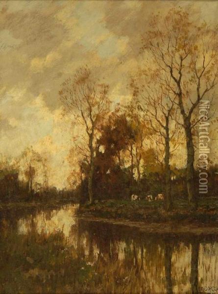 Autumnal Landscape With Cows By A Riverbank Oil Painting - Arnold Marc Gorter