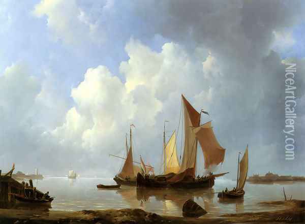 Shipping Vessels in an Estuary Oil Painting - Johannes Christian Schotel