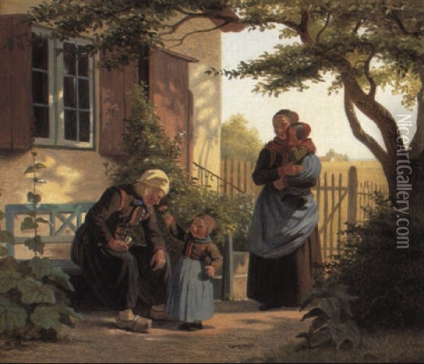 En Lille Pige Lader En Gammel Mand Lugte Til En Rose Oil Painting - Johann Julius Exner