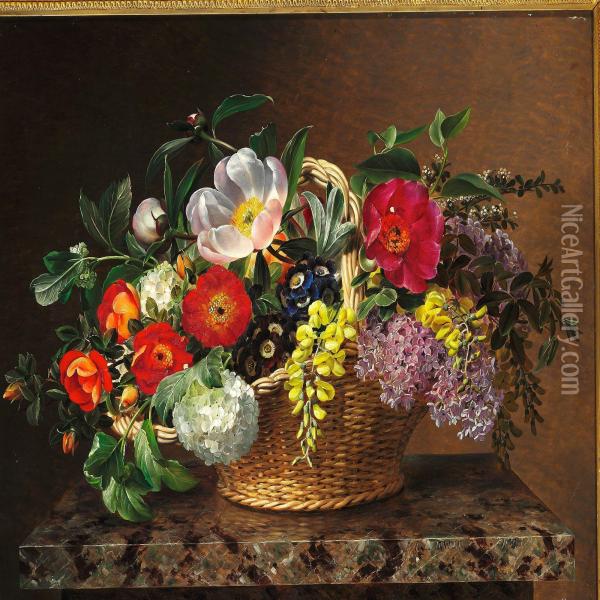 Primulas, Lilacs, Dog Roses, Laburnums And Peonies In A Basket On A Marble Pedestal Oil Painting - Johan Laurentz Jensen