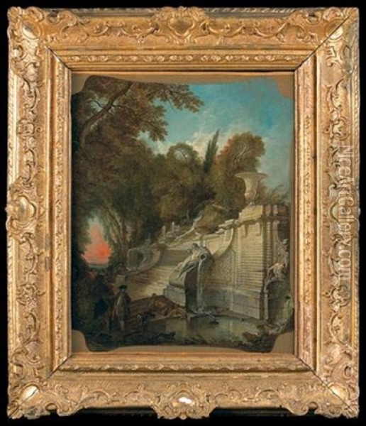 Escalier Sous Les Frondaisons Au Soleil Couchant Ou Le Retour De Chasse Oil Painting - Jacques de Lajoue