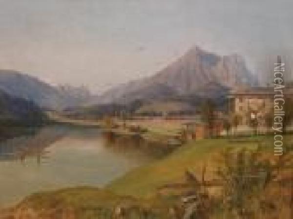 Attributed View Of The Dachstein From Seewirth On Altausee Oil Painting - Anton Schiffer
