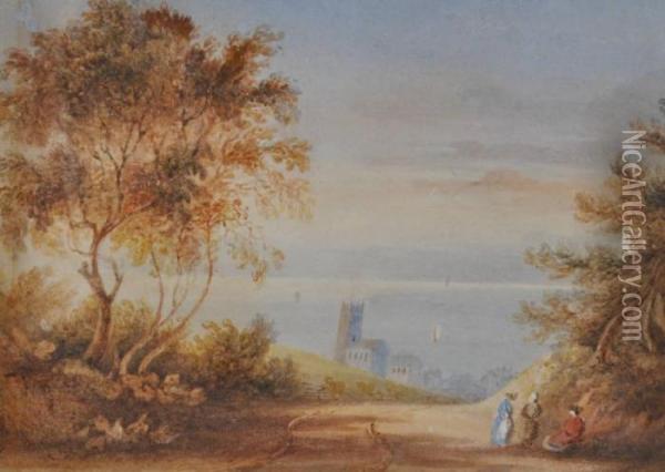 Landscape View With Figures Oil Painting - William Andrews Nesfield