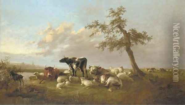 Cattle and sheep in an extensive landscape Oil Painting - Thomas Sidney Cooper
