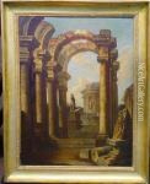 Capriccio Of Roman Ruins Oil Painting - Giovanni Niccolo Servandoni
