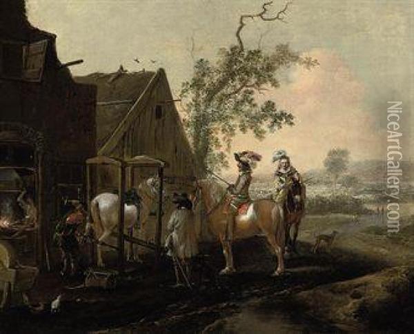 An Elegant Riding Party At A Blacksmith Oil Painting - Pieter Wouwermans or Wouwerman