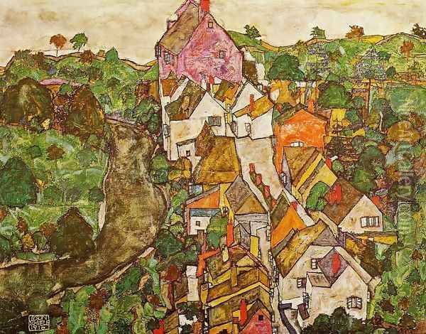 Landscape At Krumau Oil Painting - Egon Schiele