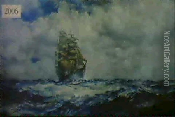 Three Masted Ship Oil Painting - Robert B. Hopkin