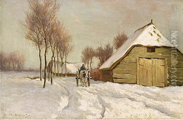 A Peasant In A Winter Landscape Oil Painting - Hendrik Albertus Kleijn