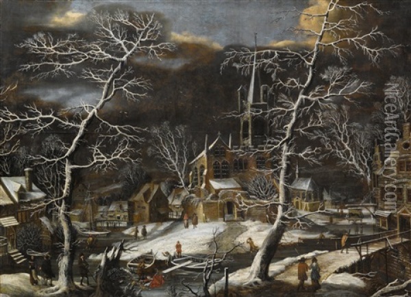 A Winter Landscape Oil Painting - Daniel van Heil