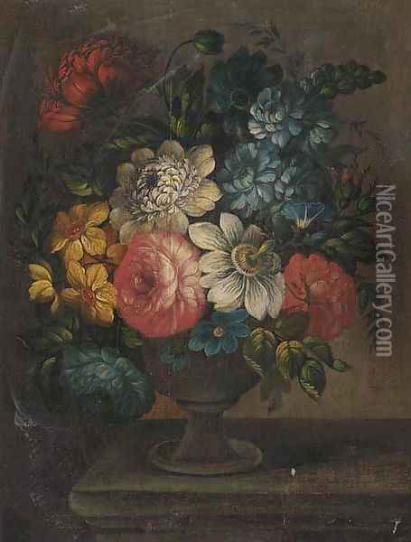Roses, morning glory, a passion flower and other flowers in a stone vase on a stone ledge Oil Painting - Jan Van Huysum