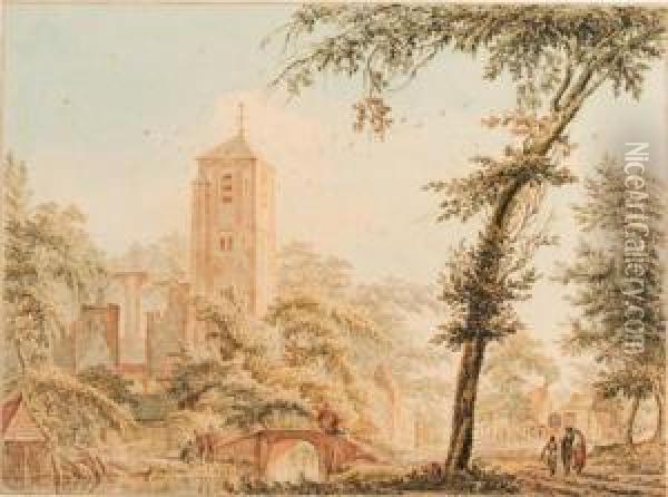 A Ruined Church In A Village With Figures By A Bridge Over Ariver Oil Painting - Paulus Van Liender