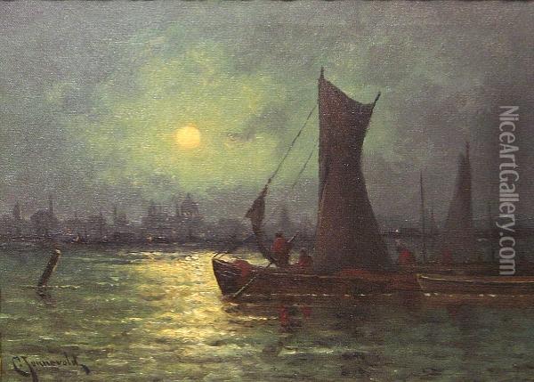 Moonrise On The River Thames Oil Painting - Carl Henrik Jonnevold