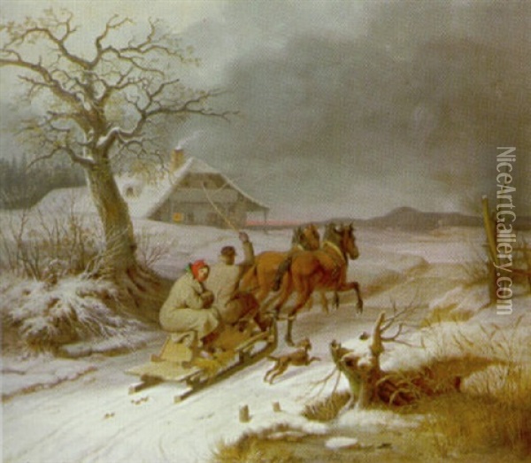 Fahrt Im Pferdeschlitten Durch Winterlandschaft Bei Abenddammerung Oil Painting - Karl Wilhelm Von Heideck