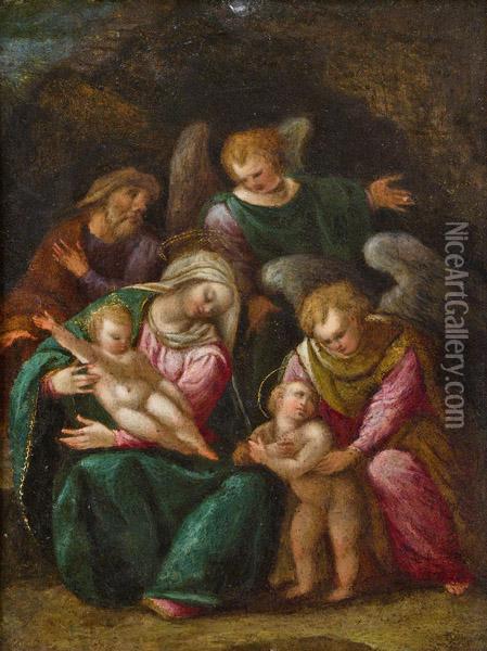 Die Heilige Familie Mit Johannesknaben Und Zwei Engeln Oil Painting - Girolamo Marchesi da Cotignola