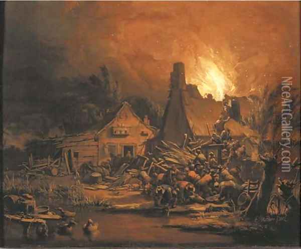 Villagers putting out a cottage fire at night Oil Painting - Egbert van der Poel