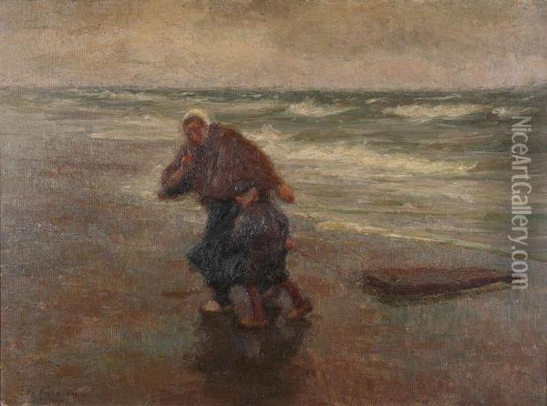 Vissersvrouw Met Knaap Op Het Strand Oil Painting - Edgard Farasyn